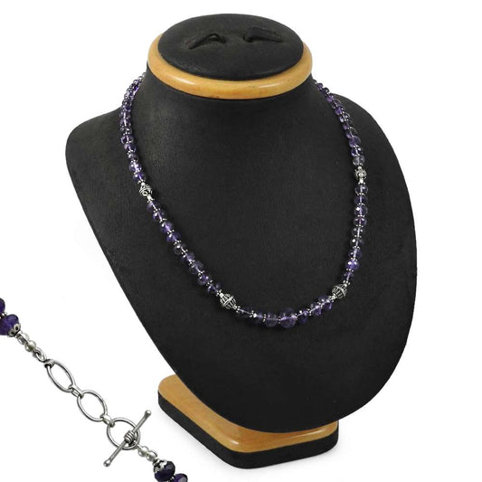 Natural Amethyst Gemstone Beaded Boho Necklace 925 Sterling Silver For Girls F24