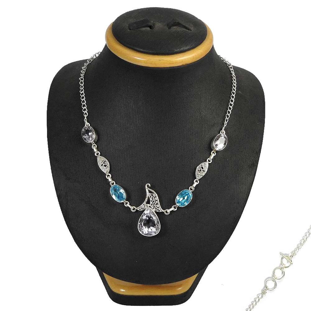 Natural Blue Topaz Gemstone Cluster Tribal Necklace 925 Silver For Women C8