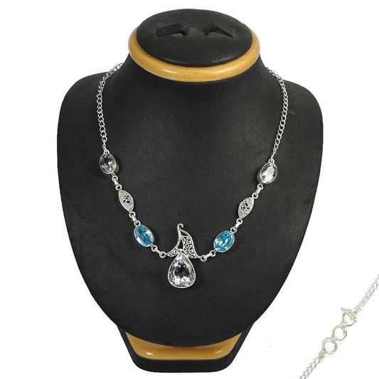 Natural Blue Topaz Gemstone Cluster Tribal Necklace 925 Silver For Women C8
