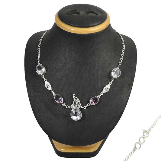Natural Amethyst Gemstone Cluster Vintage Necklace 925 Silver For Women D8