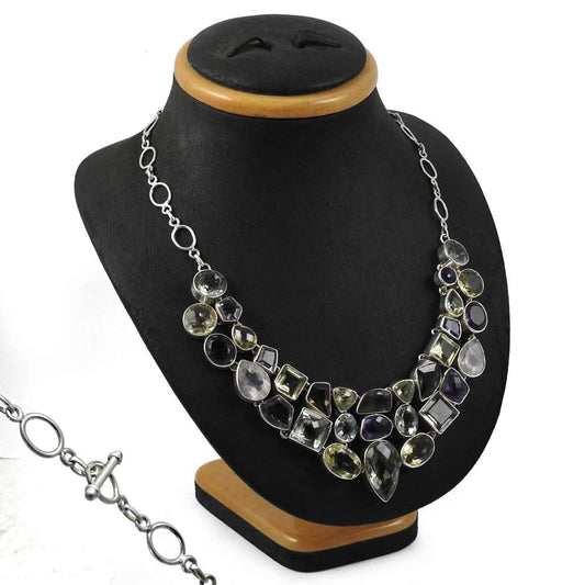 Natural Citrine Gemstone 925 Sterling Silver Cluster Necklace Q1