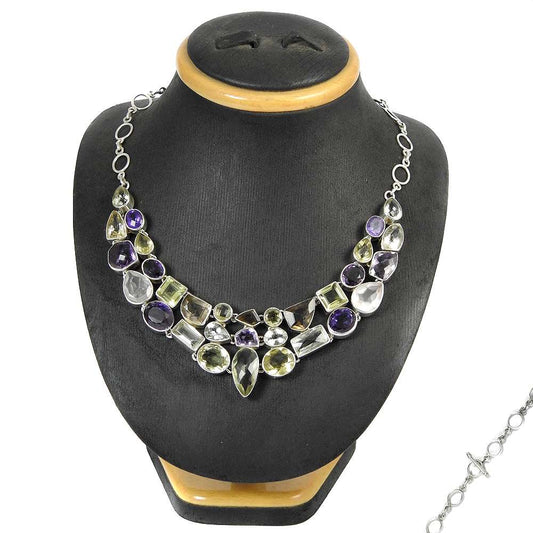 Woman Gift 925 Sterling Silver Natural Citrine Gemstone Cluster Necklace S5