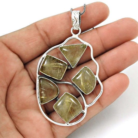 Wedding Gift For Her 925 Silver Natural Golden Rutile Gemstone Pendant Boho Y26