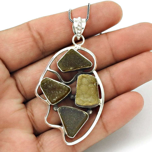 Wedding Gift For Her 925 Sterling Silver Natural Druzy Gemstone Pendant Boho E27