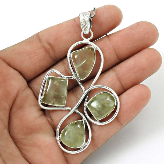 Wedding Gift For Her 925 Silver Natural Prehnite Gemstone Pendant Tribal V27
