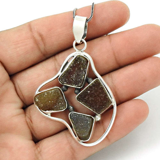 Wedding Gift For Her 925 Silver Natural Druzy Gemstone Pendant Tribal T28