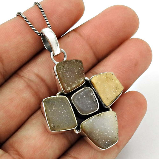 Wedding Gift For Her 925 Sterling Silver Natural Druzy Gemstone Pendant Boho G29
