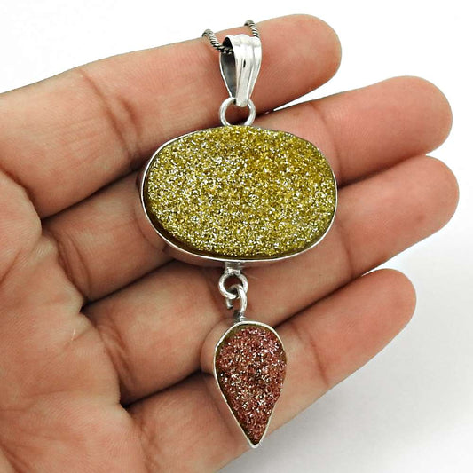 Wedding Gift For Her 925 Sterling Silver Natural Druzy Gemstone Pendant Boho I30