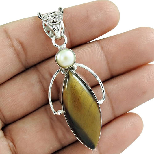 Natural Tiger'S Eye Gemstone Pendant Tribal 925 Sterling Silver For Women Q4