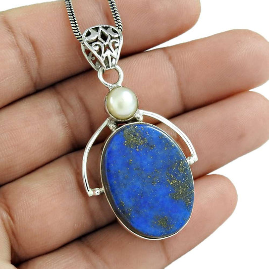 Wedding Gift For Her 925 Silver Natural Lapis Lazuli Gemstone Pendant Vintage O5