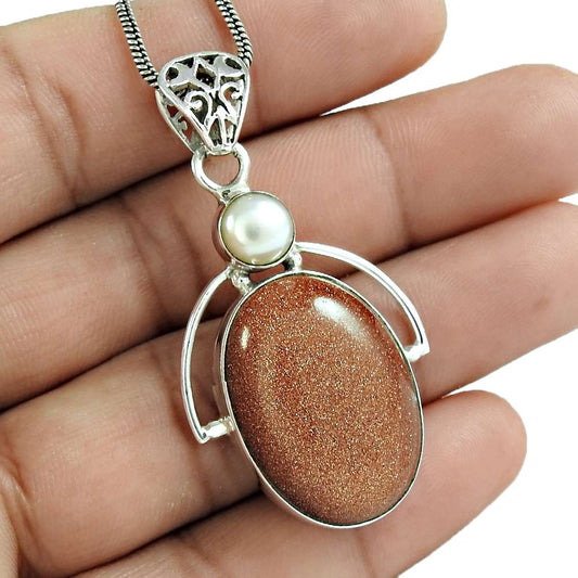 Natural Sunstone Gemstone Pendant Boho 925 Sterling Silver Jewelry For Women P5