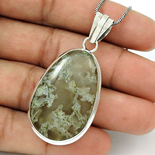 Wedding Gift For Her 925 Silver Natural Scenic Agate Gemstone Pendant Tribal Q2