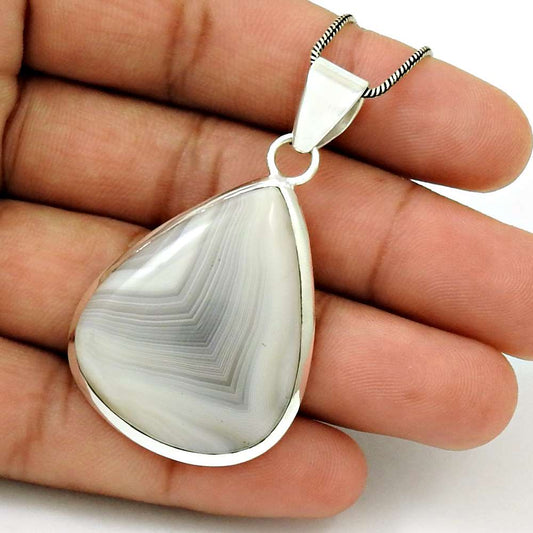 Natural Botswana Agate Gemstone Pendant Vintage 925 Silver For Women W30