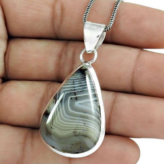 Natural Botswana Agate Gemstone Pendant Vintage 925 Sterling Silver For Girls C3