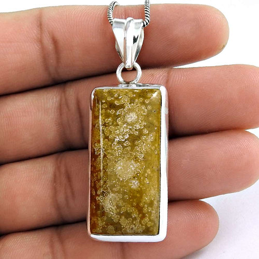 Natural Crinoid Fossil Gemstone Pendant Bohemian 925 Silver For Women V31