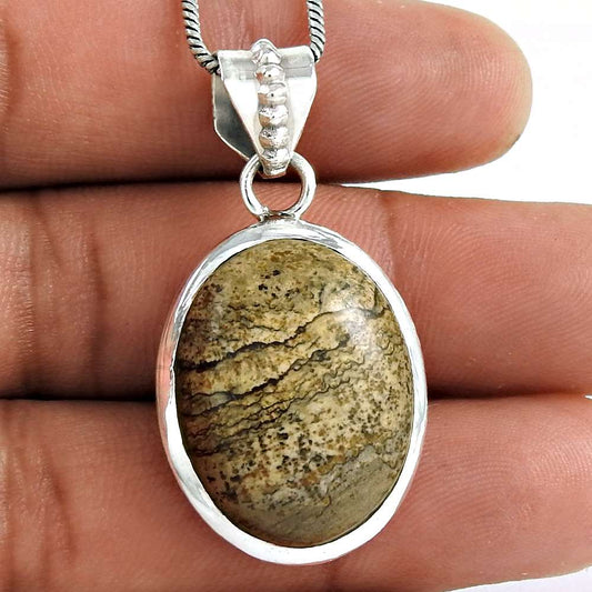 Natural Jasper Gemstone Pendant Bohemian 925 Sterling Silver Indian Jewelry C14