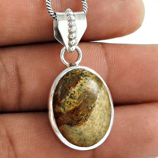 Natural Picture Jasper Gemstone Pendant 925 Sterling Silver Jewelry H6
