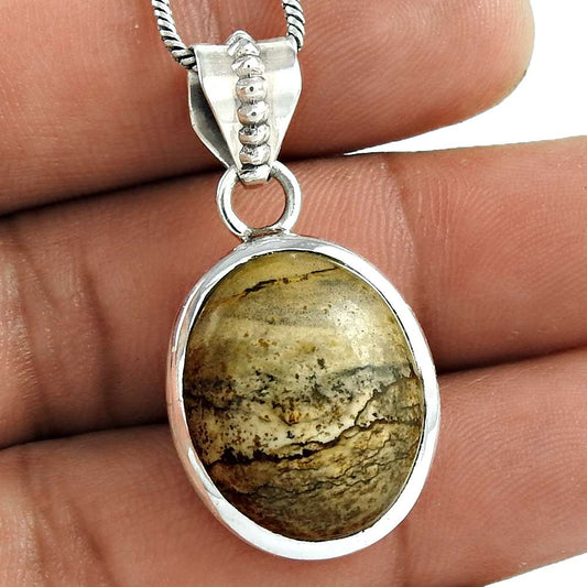 Gift For Her 925 Silver Natural Picture Jasper Gemstone Pendant Bohemian J5