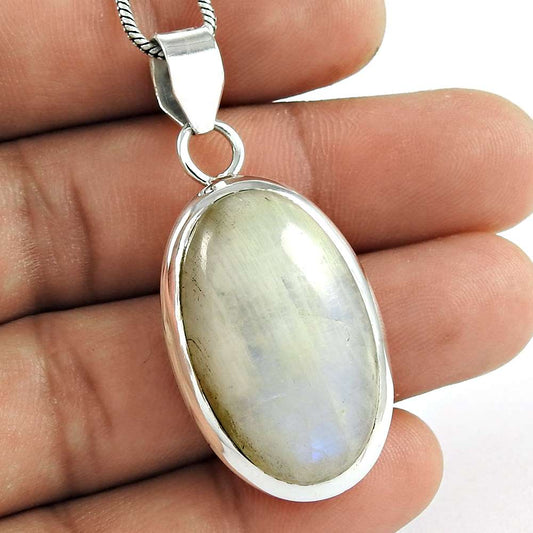 Wedding Gift For Her 925 Silver Natural Rainbow Moonstone Pendant Ethnic P32