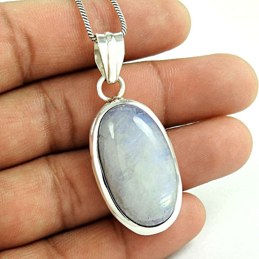 Natural Rainbow Moonstone Gemstone Pendant Vintage 925 Silver For Girls L12