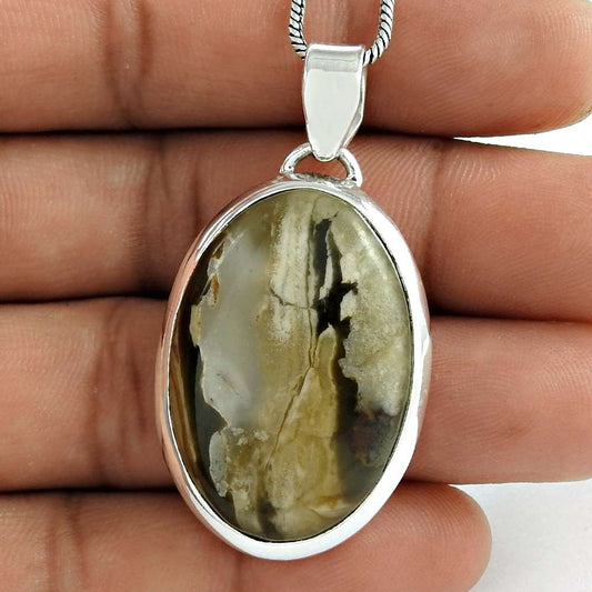 Gift For Her 925 Silver Natural Scenic Agate Gemstone Pendant Tribal J25