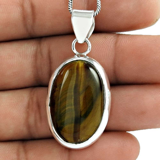 Gift For Her 925 Silver Natural Tiger'S Eye Gemstone Pendant Bohemian G6