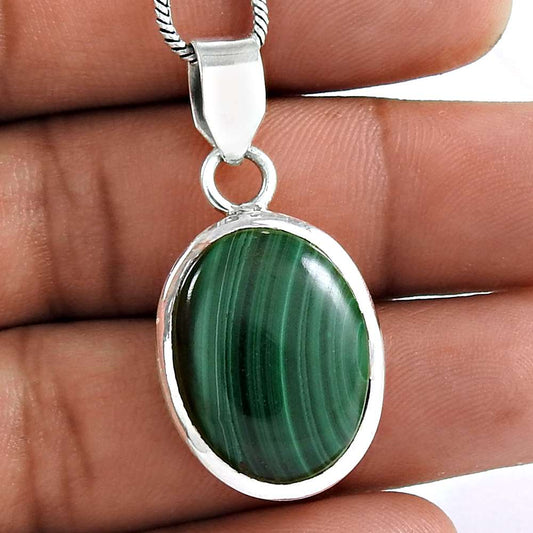 Natural Malachite Gemstone Pendant Vintage Green 925 Sterling Silver Jewelry S32