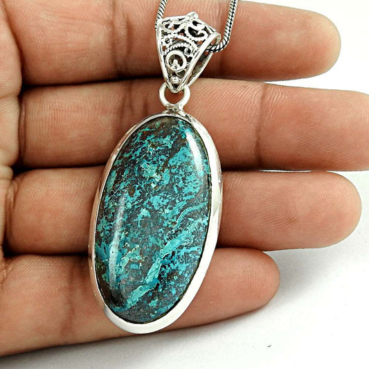 Birthday Gift For Her Natural Azurite Gemstone Pendant Vintage 925 Silver H6