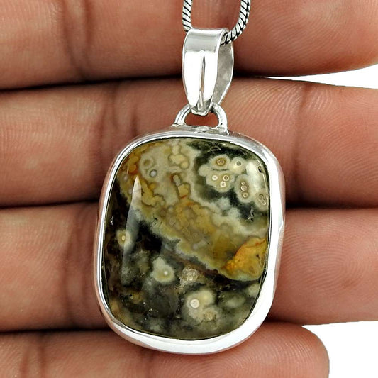 Natural Ocean Jasper Gemstone 925 Sterling Silver Pendant Boho For Women I25