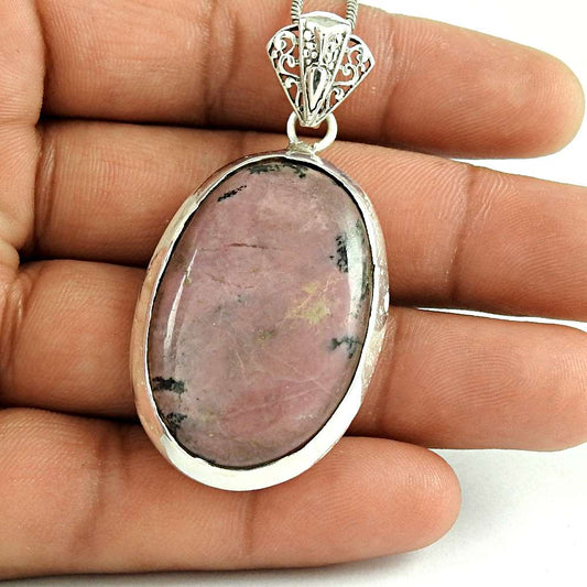 Halloween Gift Natural Rhodonite Gemstone Pendant 925 Sterling Silver Jewelry V9