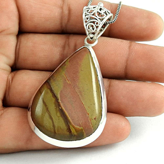 Natural Imperial Jasper Gemstone Pendant Tribal Brown 925 Sterling Silver C62
