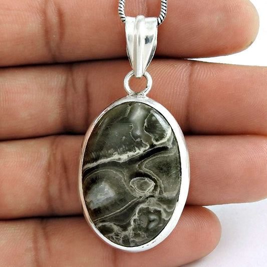 Natural Crinoid Fossil Gemstone 925 Sterling Silver Pendant Boho For Girls U32