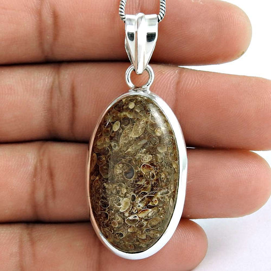 Natural Crinoid Fossil Gemstone Jewelry 925 Sterling Silver Pendant J6