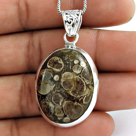 Natural Crinoid Fossil Gemstone Pendant Bohemian Brown 925 Sterling Silver N6