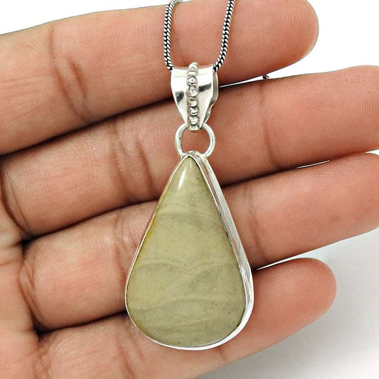 Natural Leaf Jasper Gemstone Pendant Stylish Gray 925 Sterling Silver A31