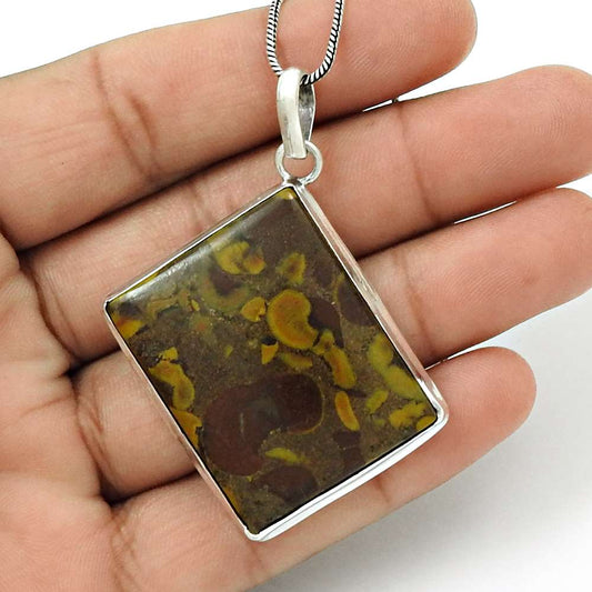 Natural Chinese Writing Gemstone Pendant Tribal 925 Silver For Girls D31