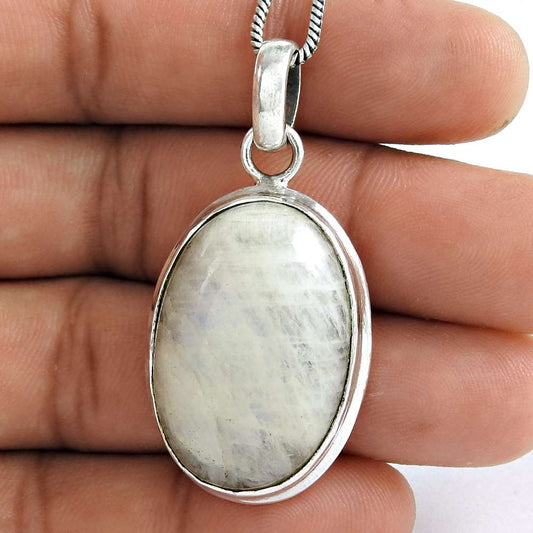Gift For Her 925 Silver Natural Rainbow Moonstone Gemstone Pendant Bohemian J10