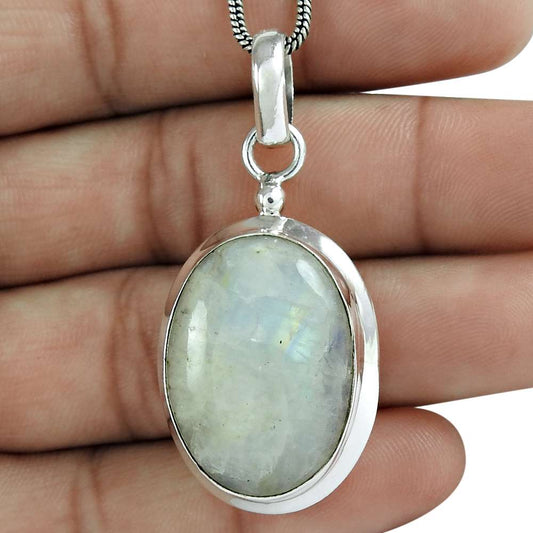Anniversary Gift For Her Natural Rainbow Moonstone Pendant Vintage 925 Silver I6