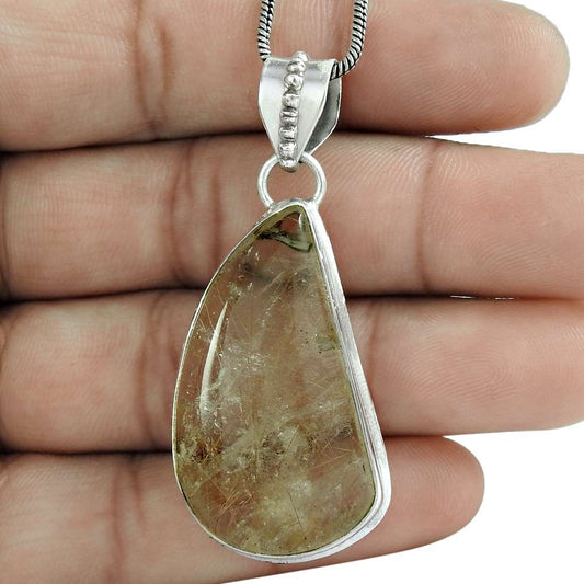 Halloween Gift Natural Golden Rutile Gemstone 925 Sterling Silver Pendant D10