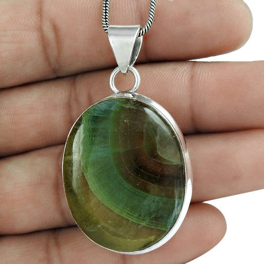 Natural Fluorite Gemstone Pendant Vintage 925 Sterling Silver For Women N6