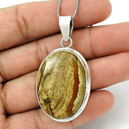 Wedding Gift For Her 925 Silver Natural Picture Jasper Pendant Vintage I31