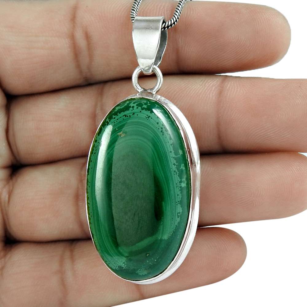 Classic 925 Sterling Silver Malachite Gemstone Pendant Antique Jewelry D28