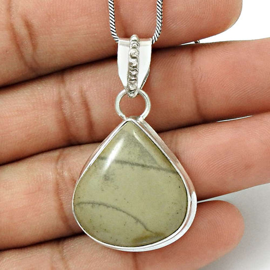 Wedding Gift For Her 925 Silver Natural Leaf Jasper Gemstone Pendant Vintage X31