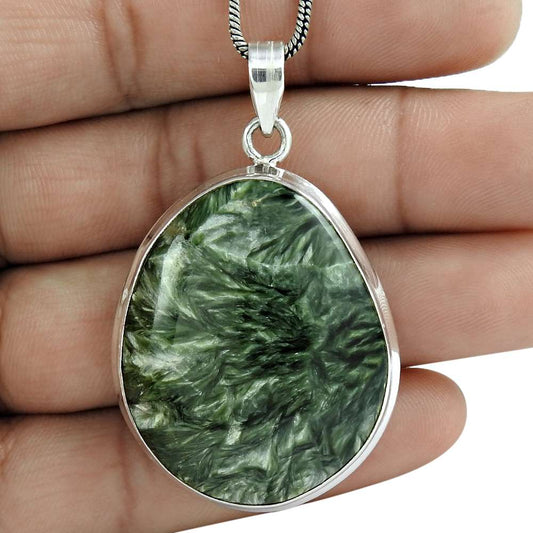 Natural Seraphinite Gemstone 925 Sterling Silver Pendant Bohemian For Girls R6