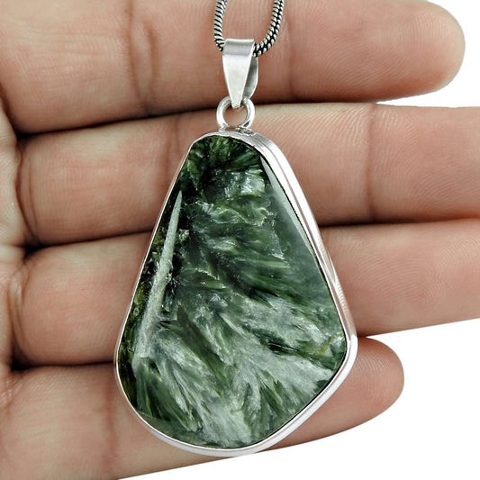 Natural Seraphinite Gemstone Pendant 925 Sterling Silver Indian Jewelry H13