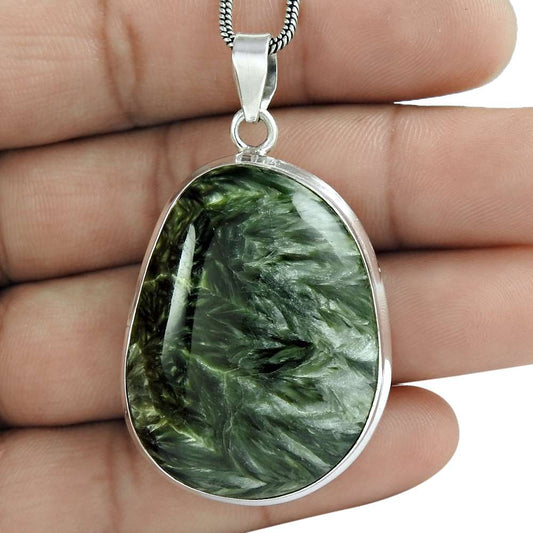 Gift For Her 925 Sterling Silver Natural Seraphinite Gemstone Pendant Tribal G11