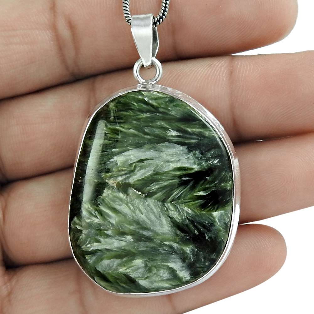Gift For Her 925 Sterling Silver Natural Seraphinite Gemstone Pendant Tribal W8