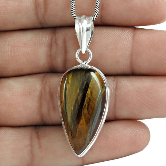 Natural Tiger'S Eye Gemstone 925 Sterling Silver Pendant Vintage For Women T6