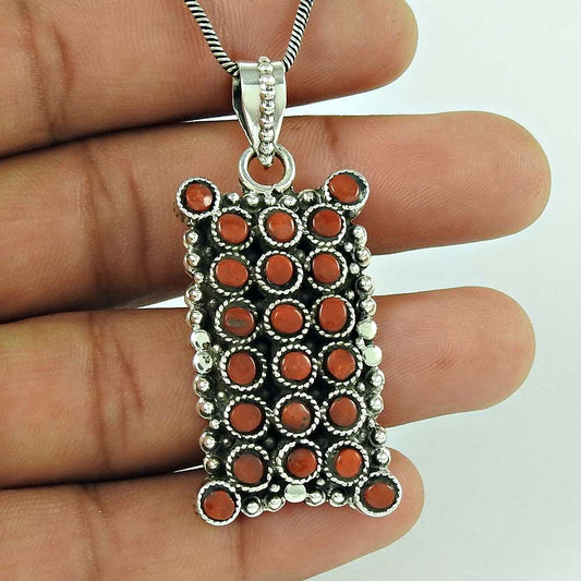 Gift For Women Pendant Boho 925 Sterling Silver Natural Coral Gemstone A83