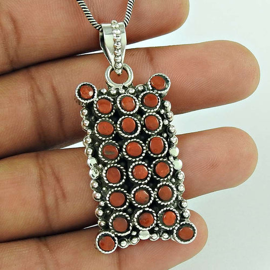 Natural Coral Gemstone Jewelry 925 Sterling Silver Pendant Ethnic For Girls N14